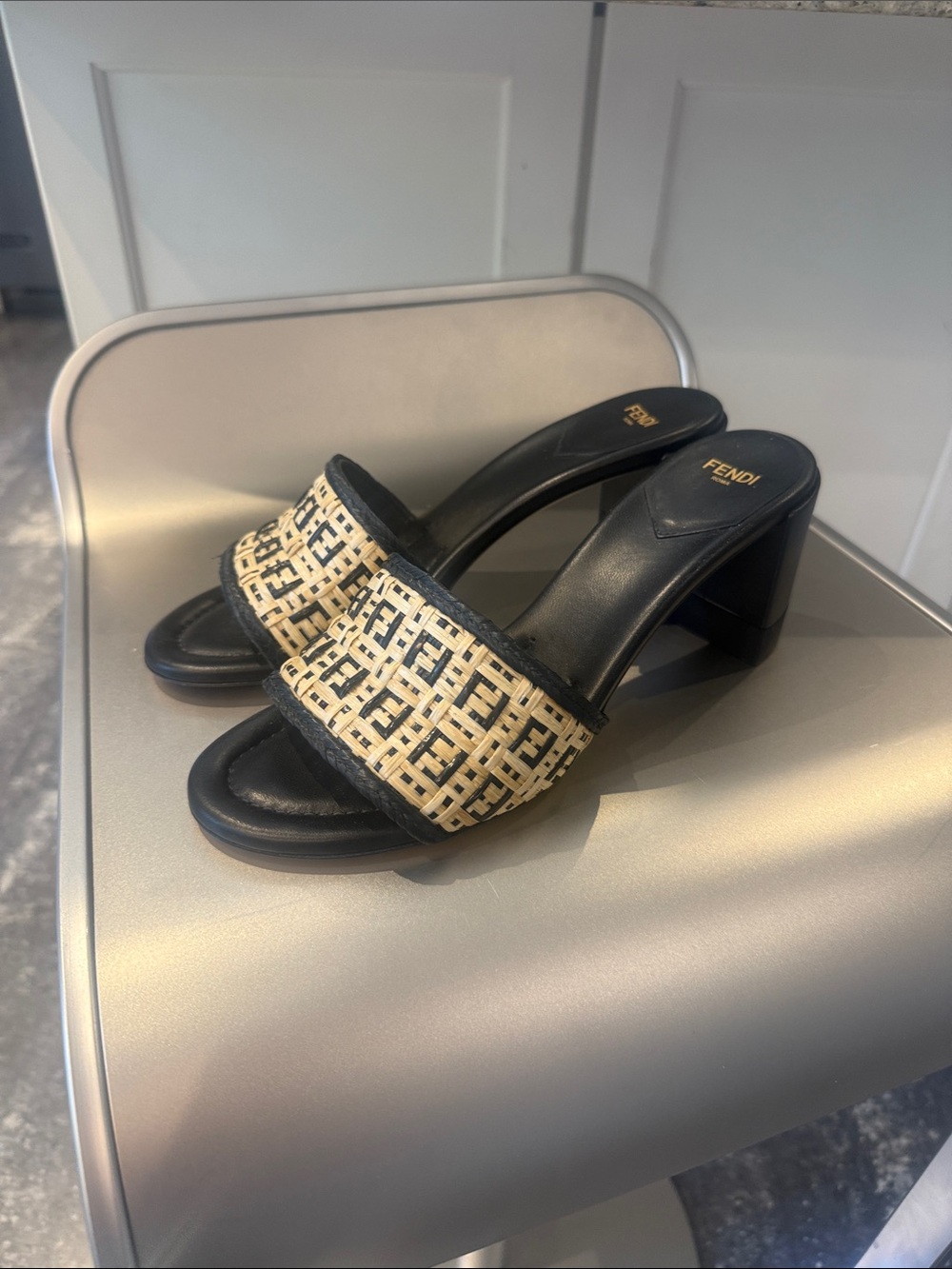 Fendi Black leather and Natural Raffia Woven Slide Mules 65mm